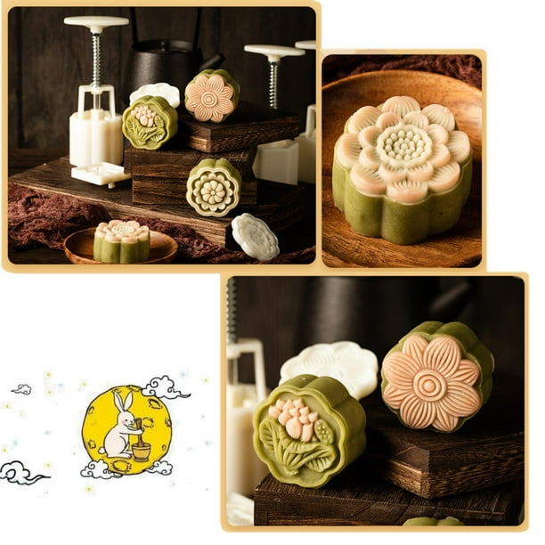 Moon Cake Mould Mold With 4Pc Stamps Round Flower Pastry Mooncake Hand DIY Tool Moon Cake Mould Mold With 4Pc Stamps Round Flower Pastry Mooncake Hand DIY Tool